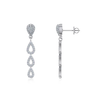 10K White Gold Round Diamond Drop Shape Dangling Earrings 3/4 Cttw