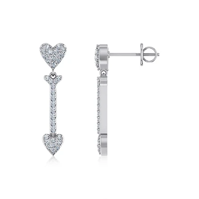 10K White Gold Round Diamond Heart Dangling Earrings 3/4 Cttw