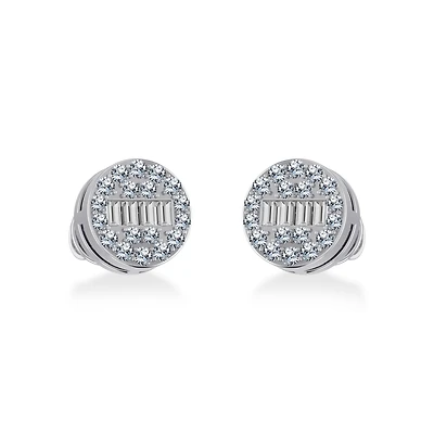 10K White Gold Round Baguette Diamond Cluster Stud Earrings 1/5 Cttw
