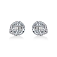 10K White Gold Round Baguette Diamond Cluster Stud Earrings 1/5 Cttw