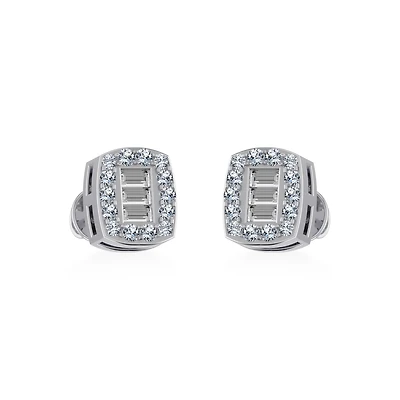 10K White Gold Round Baguette Diamond Square Shape Stud Earrings 1/5 Cttw