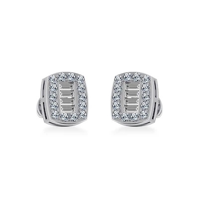 10K White Gold Round Baguette Diamond Stud Earring 3/8 Cttw