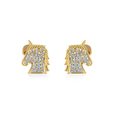 10K Gold Round Diamond Horse Animal Designer Stud Earring 1/5 Cttw