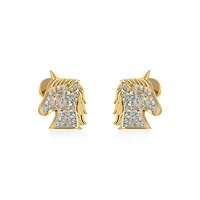 10K Yellow Gold Round Diamond Horse Animal Designer Stud Earring 1/5 Cttw