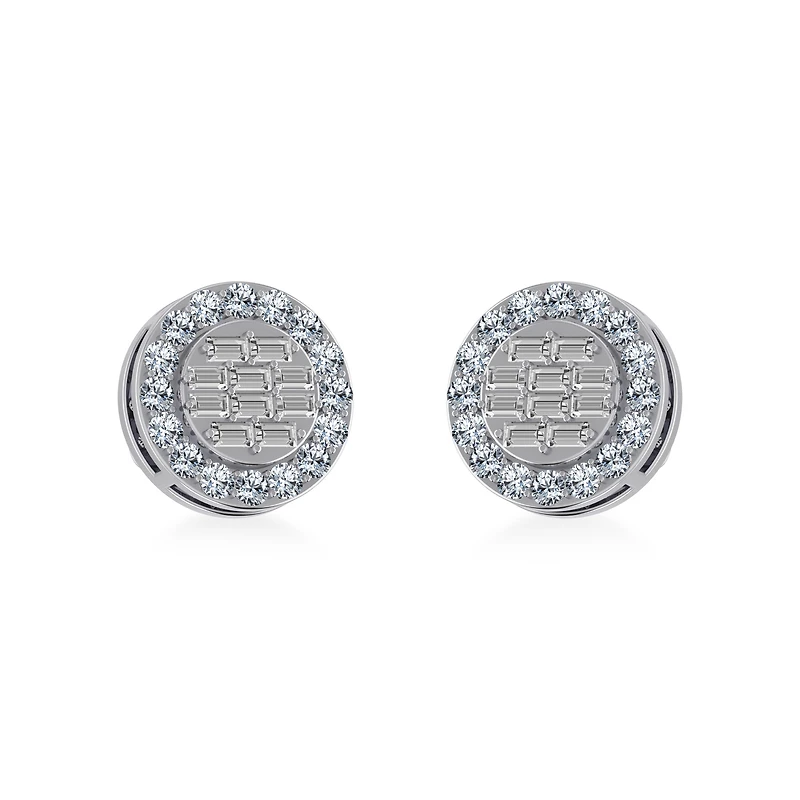 10K White Gold Round Baguette Diamond Stud Earring / Cttw