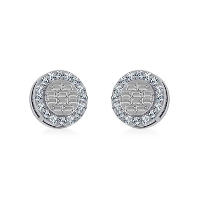 10K White Gold Round Baguette Diamond Stud Earring / Cttw