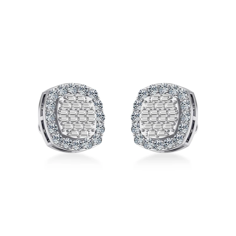 10K White Gold Round Baguette Diamond Stud Earring Cttw