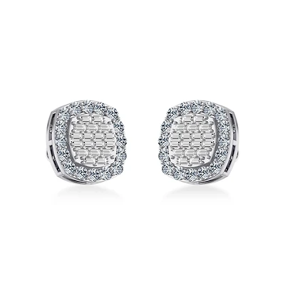 10K White Gold Round Baguette Diamond Stud Earring Cttw