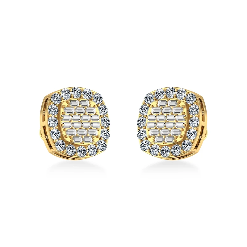 10K Yellow Gold Round Baguette Diamond Stud Earrings 1 Cttw