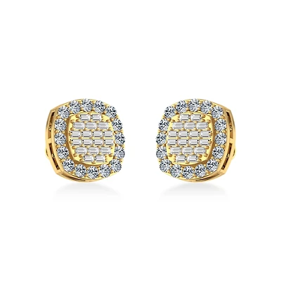 10K Yellow Gold Round Baguette Diamond Stud Earrings 1 Cttw