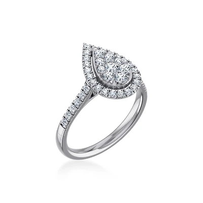 14K White Gold Round Diamond Pear Shape Womens Designer Ring 7/8 Cttw