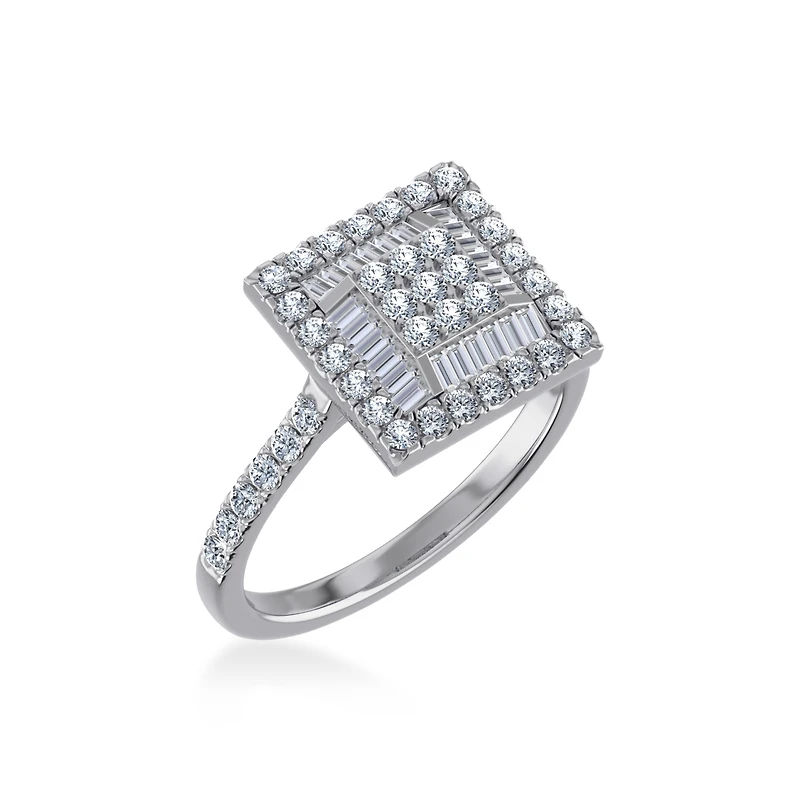 14K White Gold Round Baguette Diamond Square Shape Womens Sz 7 Designer Ring 7/8 Cttw