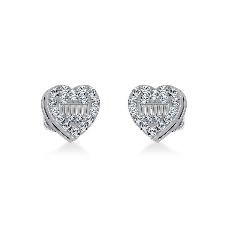 14K White Gold Round Baguette Diamond Heart Shape Cluster Stud EarRing / Cttw