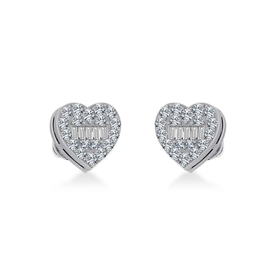 14K White Gold Round Baguette Diamond Heart Shape Cluster Stud EarRing / Cttw