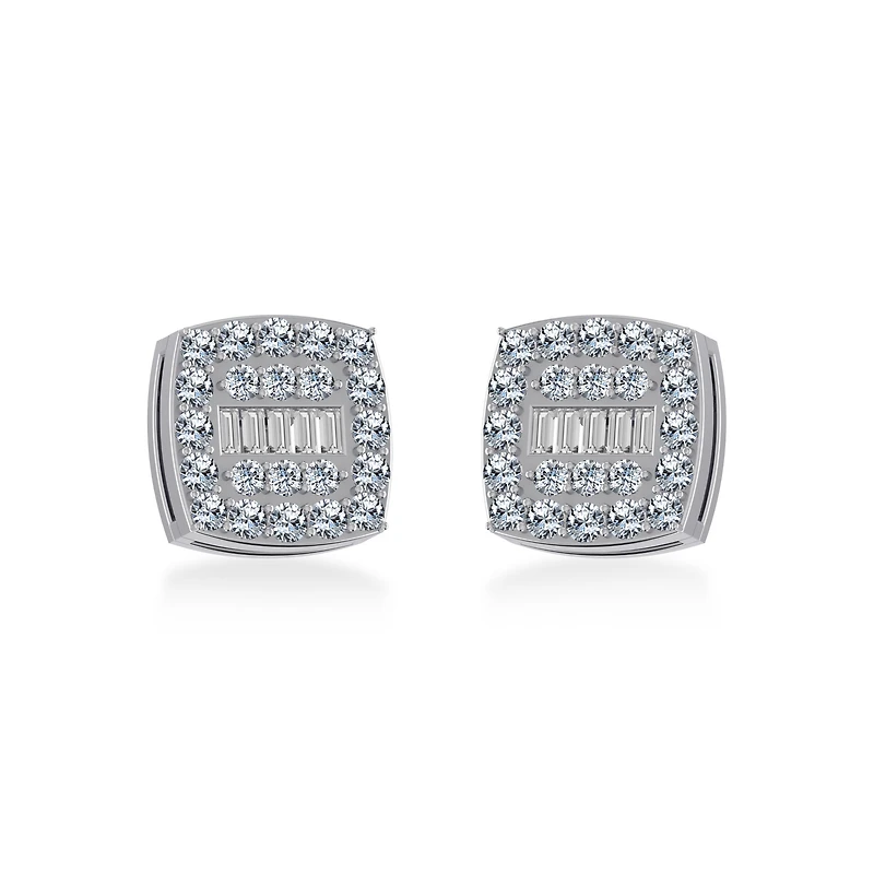 14K White Gold Round Baguette Diamond Square Shape Cluster Stud EarRing 1/2 Cttw