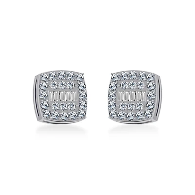 14K White Gold Round Baguette Diamond Square Shape Cluster Stud EarRing 1/2 Cttw