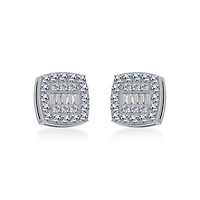 14K White Gold Round Baguette Diamond Square Shape Cluster Stud EarRing 1/2 Cttw