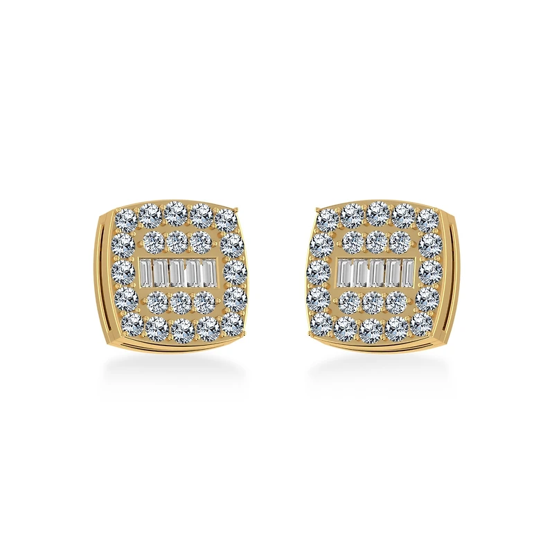 14K Yellow Gold Round Baguette Diamond Square Shape Cluster Stud EarRing 1/2 Cttw