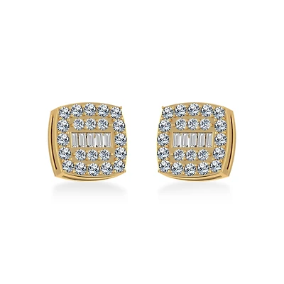 14K Yellow Gold Round Baguette Diamond Square Shape Cluster Stud EarRing 1/2 Cttw