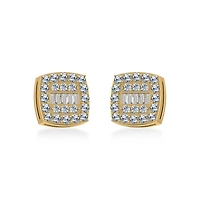 14K Yellow Gold Round Baguette Diamond Square Shape Cluster Stud EarRing 1/2 Cttw