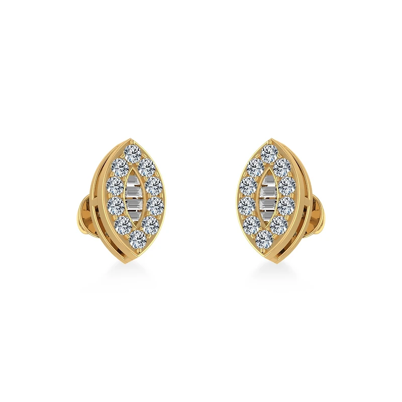 14K Gold Baguette Diamond Marquise Shape Stud Earring 1/4 Cttw