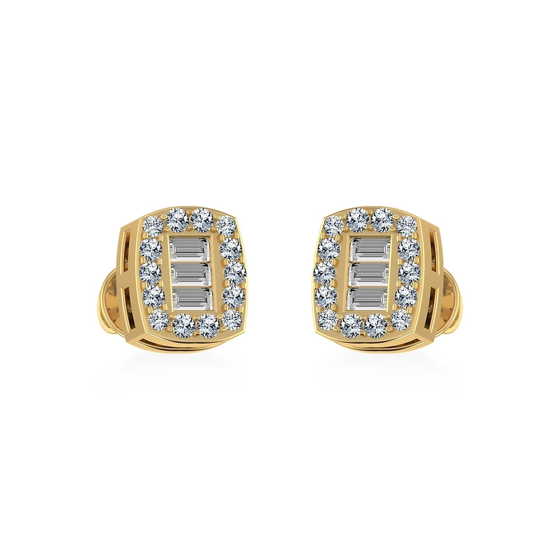 14K Yellow Gold Round Baguette Diamond Stud Earrings / Cttw