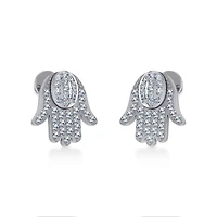 14K White Gold Round Baguette Diamond Hamza Hand Religious Stud Earrings 1/5 Cttw