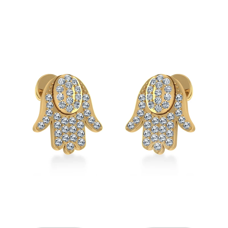 14K Gold Round Baguette Diamond Hamza Hand Religious Stud Earrings 1/5 Cttw