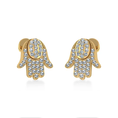 14K Gold Round Baguette Diamond Hamza Hand Religious Stud Earrings 1/5 Cttw