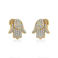 14K Gold Round Baguette Diamond Hamza Hand Religious Stud Earrings 1/5 Cttw