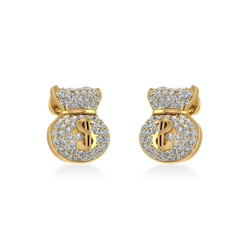 14K Yellow Gold Round Diamond Money Dollar Bag Designer Stud Earrings 1/6 Cttw