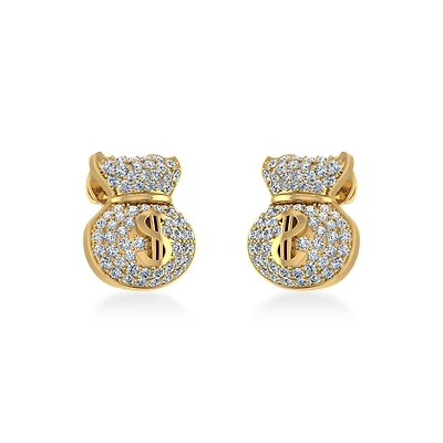 14K Yellow Gold Round Diamond Money Dollar Bag Designer Stud Earrings 1/6 Cttw