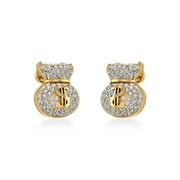 14K Yellow Gold Round Diamond Money Dollar Bag Designer Stud Earrings 1/6 Cttw