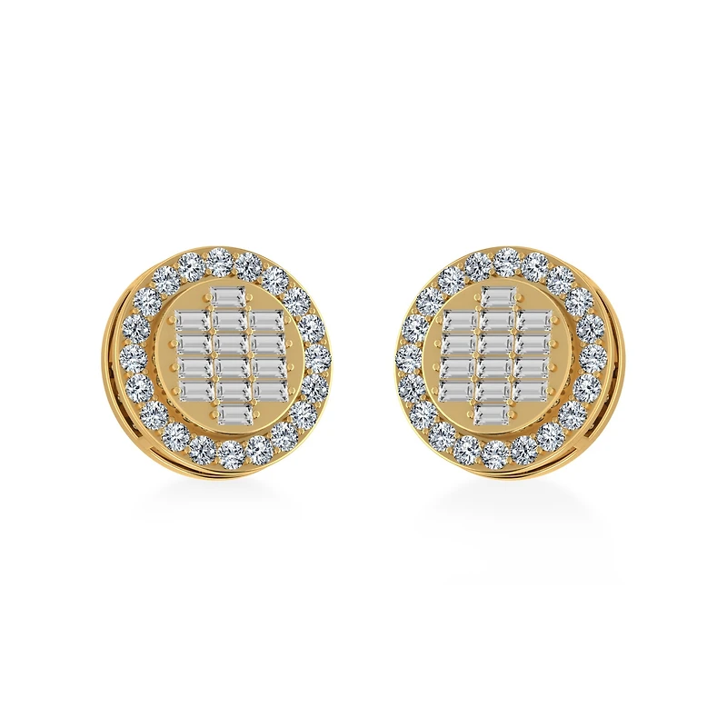 14K Gold Round Baguette Diamond Halo Stud Earrings / Cttw
