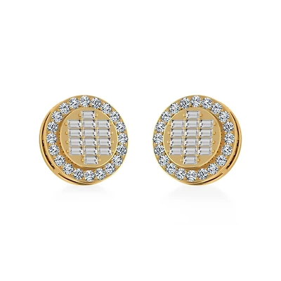 14K Gold Round Baguette Diamond Halo Stud Earrings / Cttw
