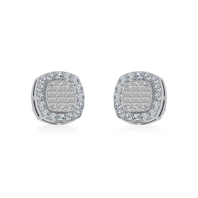 14K White Gold Round Baguette Diamond Stud Earring /8 Cttw