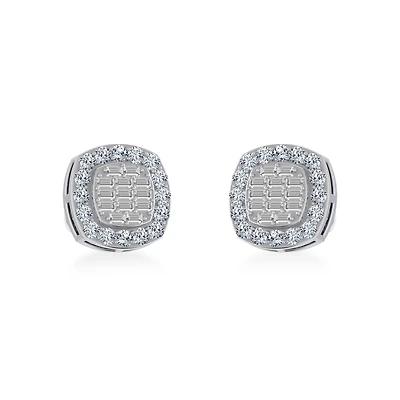 14K White Gold Round Baguette Diamond Stud Earring /8 Cttw