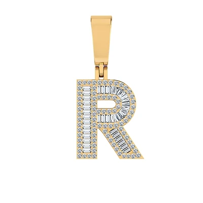 10K Yellow Gold Baguette Diamond Initial R Letter Pendant 1/2 Cttw