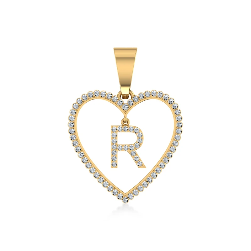 10K Yellow Gold Diamond Initial Heart R Letter Pendant 1/4 CTTW