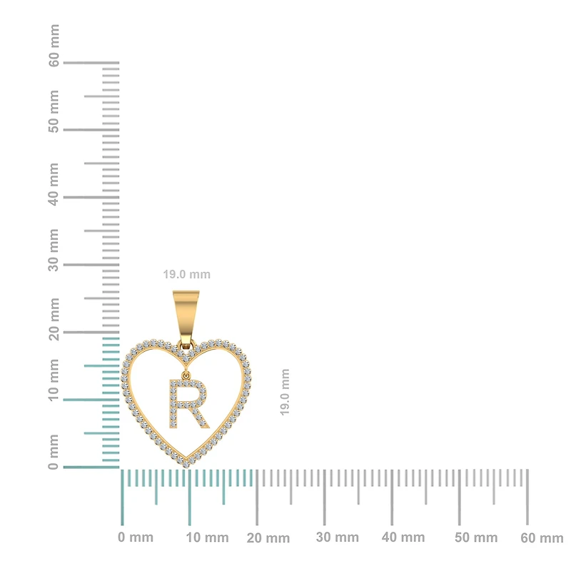 10K Yellow Gold Diamond Initial Heart R Letter Pendant 1/4 CTTW