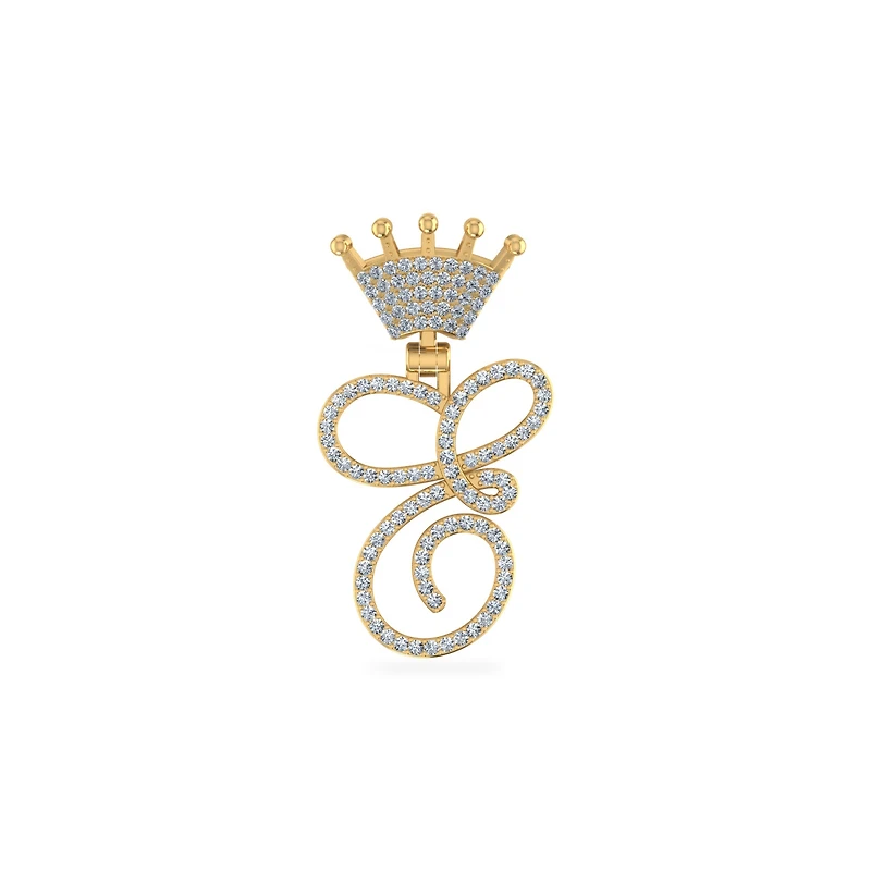 10K Yellow Gold Round Diamond Crown E Letter Initial Pendant 1/5 Cttw