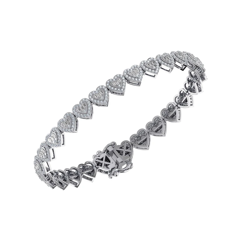 10K White Gold Round Baguette Diamond Heart Designer 7 Inch Bracelet 2-1/6 Cttw