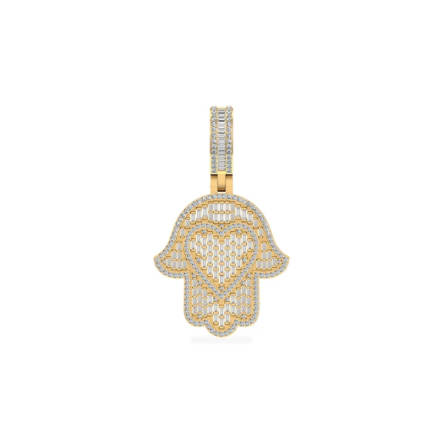 10K Yellow Gold Round Baguette Diamond Heart Hamza Hand Religious Charm Pendant 1-3/4 Cttw