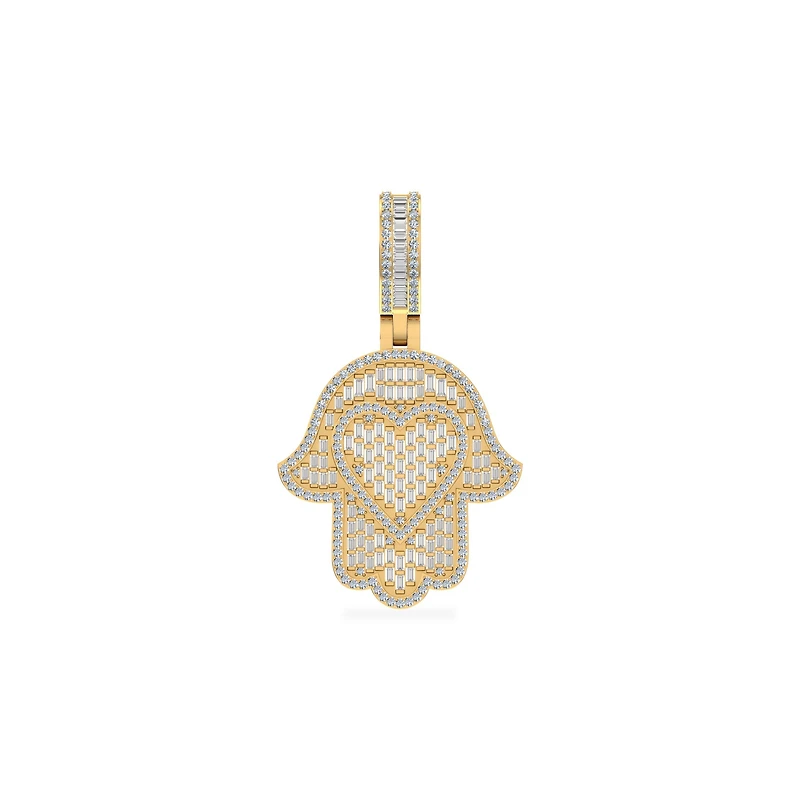 10K Yellow Gold Round Baguette Diamond Heart Hamza Hand Religious Charm Pendant 1-3/4 Cttw