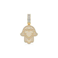 10K Yellow Gold Round Baguette Diamond Heart Hamza Hand Religious Charm Pendant 1-3/4 Cttw