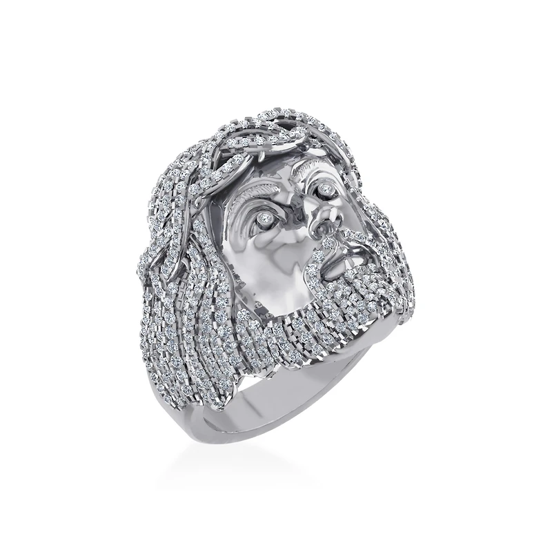 10K White Gold Round Diamond 3D Jesus Religious SZ 10 Mens Ring 2 Cttw