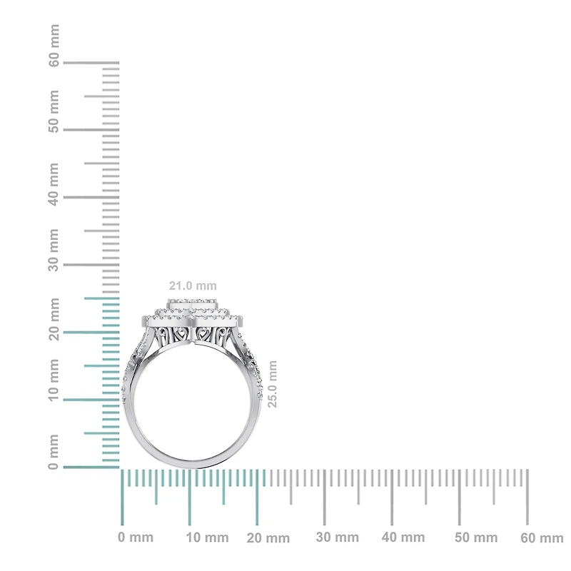 10K White Gold Round Diamond Two Row Heart Shape Womens Ring SZ 7 1 Cttw