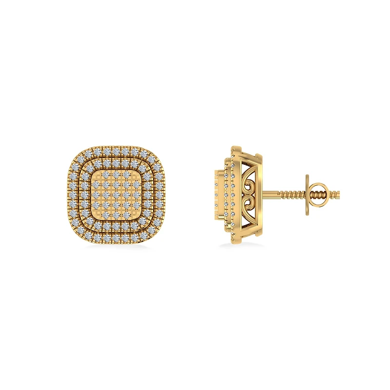 10K Yellow Gold Round Diamond Square Shape Designer Mens Halo Stud Earring 1/3 Cttw
