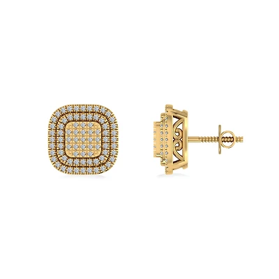 10K Yellow Gold Round Diamond Square Shape Designer Mens Halo Stud Earring 1/3 Cttw