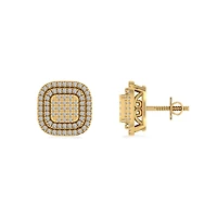 10K Yellow Gold Round Diamond Square Shape Designer Mens Halo Stud Earring 1/3 Cttw